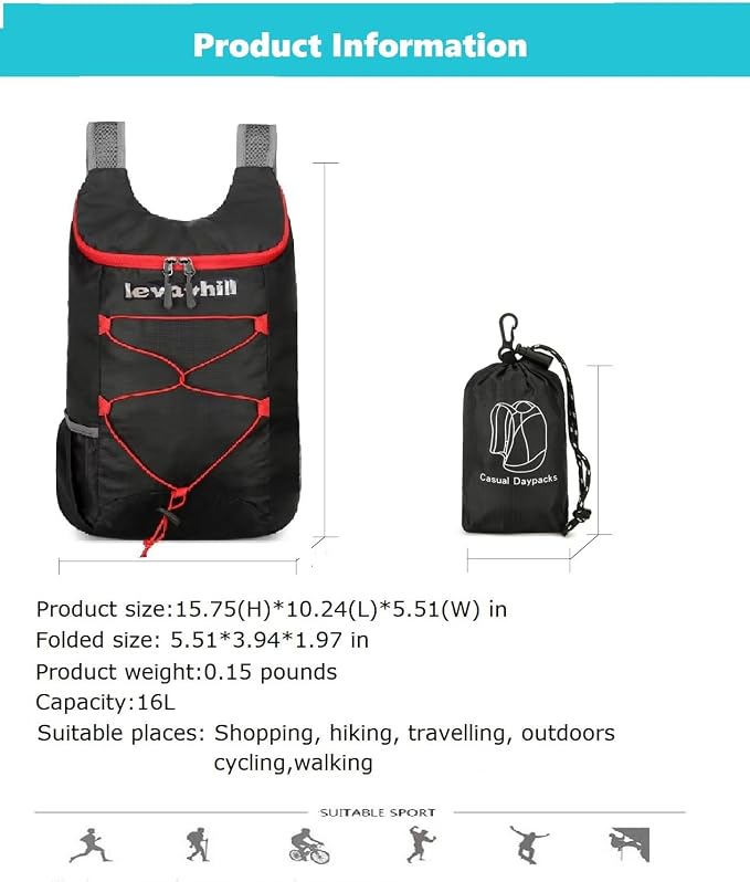 16L Hiking Daypack Lightweight Foldable Travel Backpack Water Repellent Camping - Image 4
