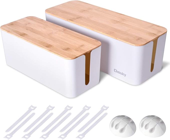 2 Pack Large Cable Management Box – Wooden Style Cord Organizer and Cover by Chouky
