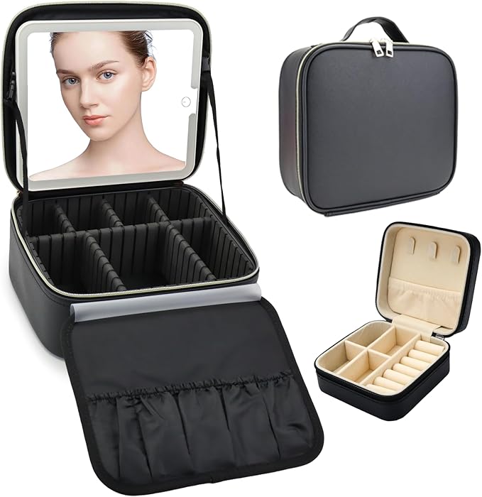 Travel Makeup Bag with LED Mirror with 3 Lighted Settings, Adjustable Dividers by Unknown