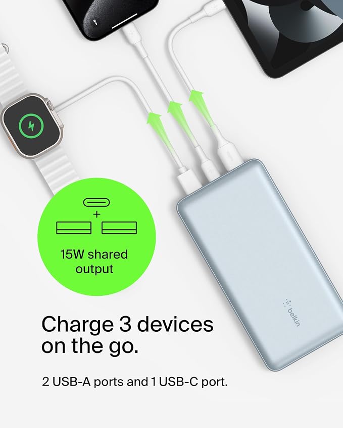 Belkin Portable Charger, USB-C Power Bank 20000 mAh w/ 2 USB-A Ports, 15W - Image 5