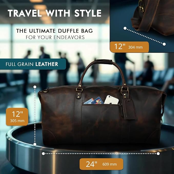 ELIZO Large Leather Duffle Bag For Men Women Big REAL FULL GRAIN Travel - Image 2