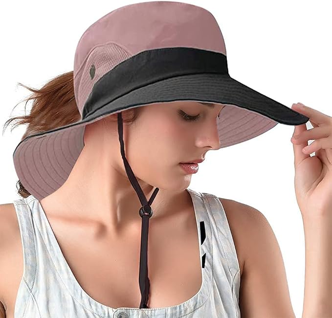 Rosoz Ponytail Sun Bucket Hats for Women UV Protection Foldable Mesh Wide Brim by Rosoz