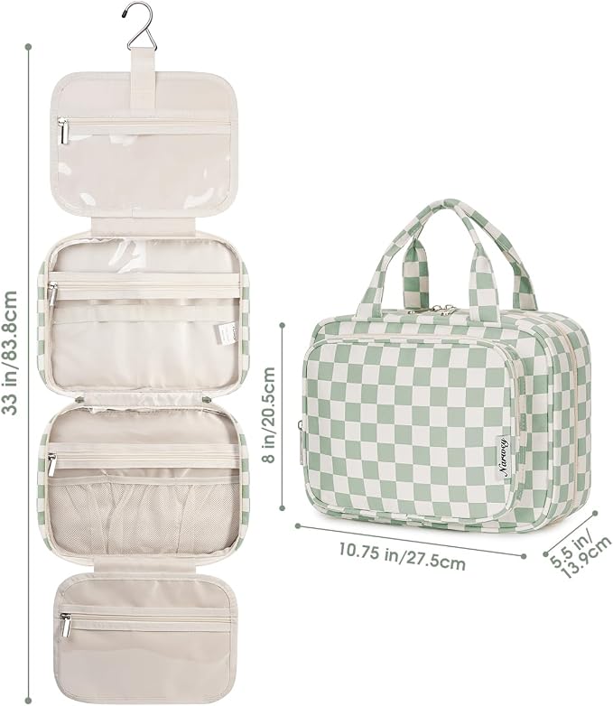 Narwey Hanging Toiletry Bag for Women Travel Checkered Makeup Bag Organizer - Image 7