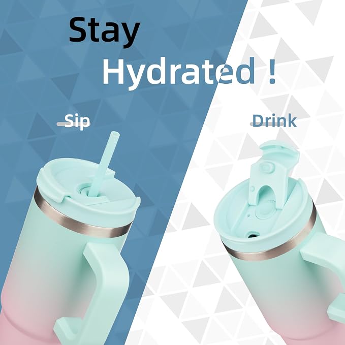 40 oz Tumbler with Handle and 2 Straws, 2 in 1 Lid Insulated Water Bottle - Image 2