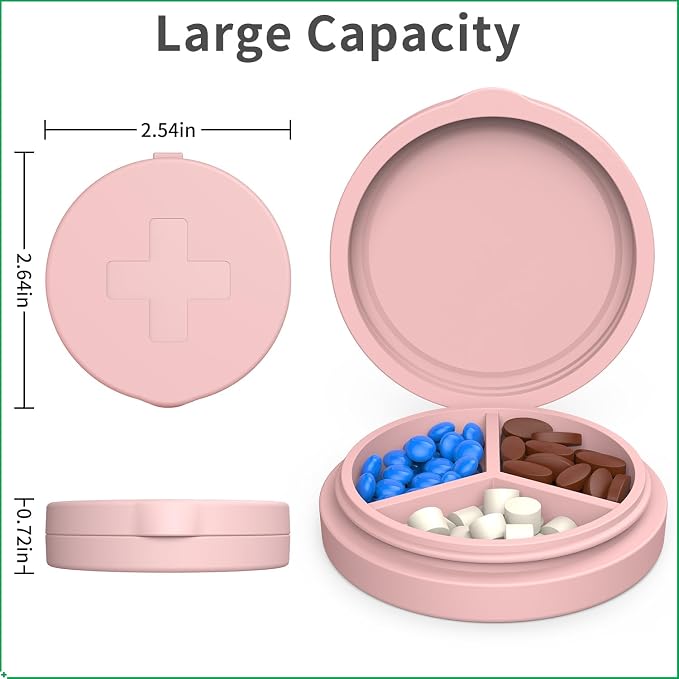 2 Pack Small Pill Box, 3 Compartment Round Silicone Travel Pill Box - Image 2