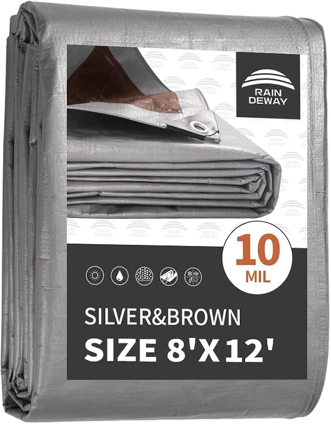 RAINDEWAY Tarps Heavy Duty Waterproof 8x12 Feet, 10Mil Multipurpose Poly Tarp by RAINDEWAY