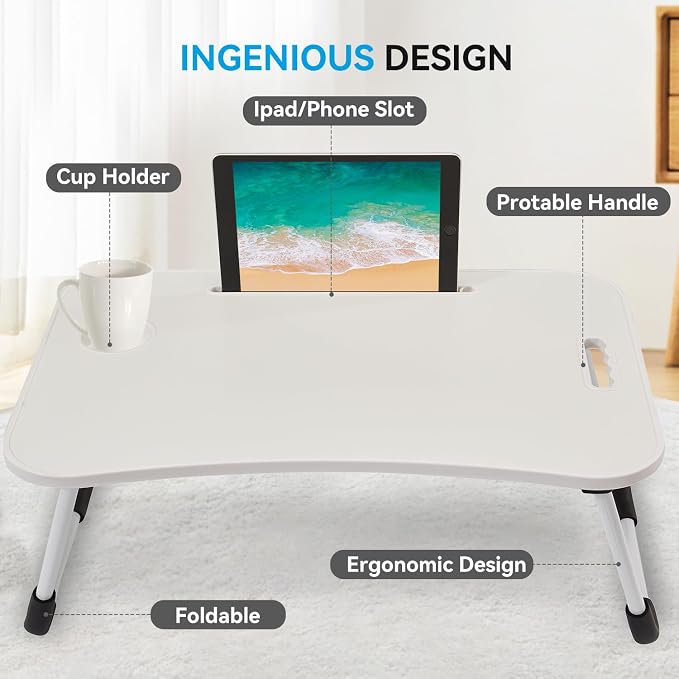 BUYIFY Folding Lap Desk, 23 Inch Portable Wood White Laptop Bed Desk Lap Desk - Image 4