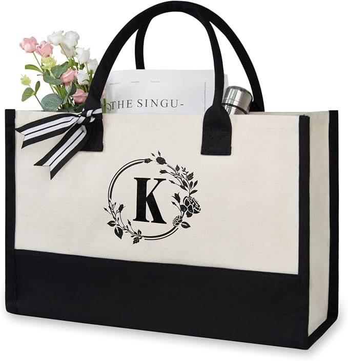 TOPDesign Personalized Initial Jute/Canvas Beach Bag, Monogrammed Gift Tote Bag by TOPDesign
