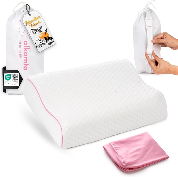 Travel & Camping Comfortable Memory Foam Pillow – Easy to Carry Portable Bag – by Alkamto