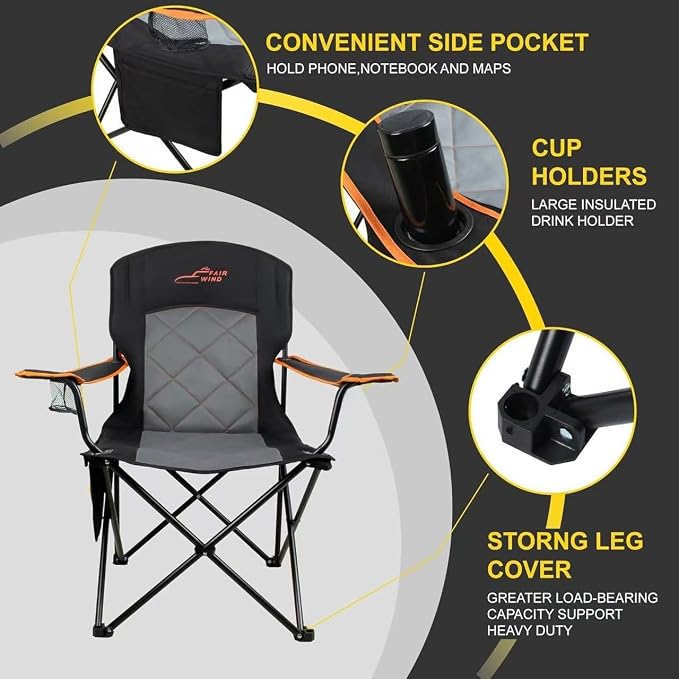 FAIR WIND Oversized Fully Padded Camping Chair, Heavy Duty Quad Fold Chair Arm - Image 5