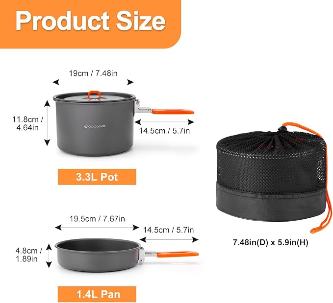 Odoland Camping Cookware Mess Kit, Non-Stick Lightweight Camping Pot and Fry - Image 2