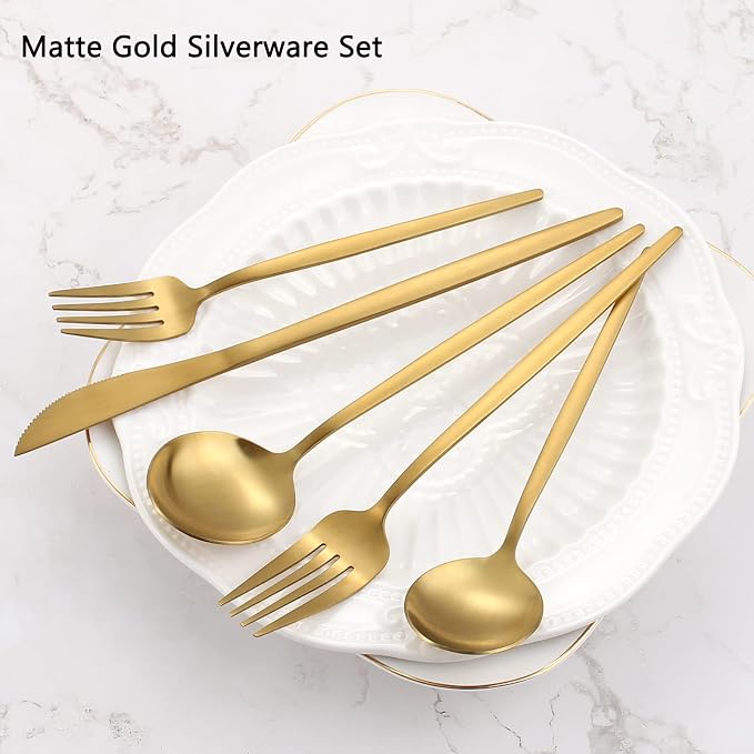 Matte Gold Silverware Set, VANVRO 20-Piece Stainless Steel Flatware Set - Image 3