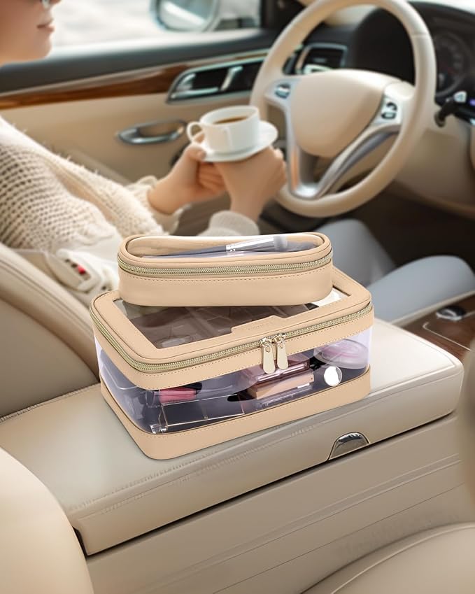 Travel Clear Makeup Bag with Makeup Brush Bag, Leather Makeup Case Toiletry Bag - Image 3