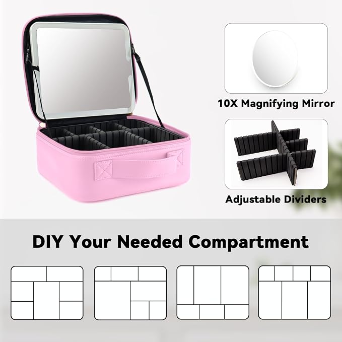 Travel Makeup Bag with LED Mirror and 10x magnifying glass with 3 Lighted - Image 4