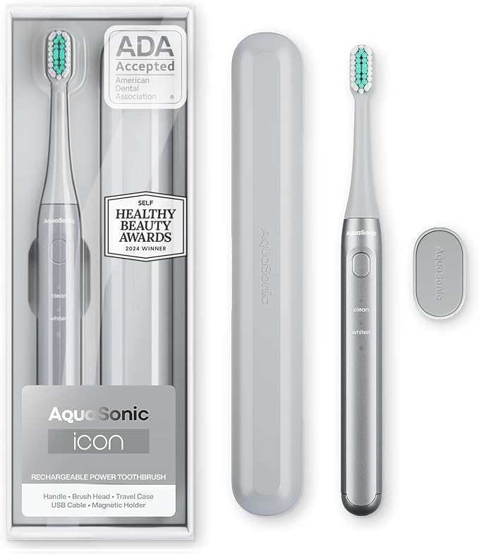 Aquasonic Icon ADA-Accepted Rechargeable Toothbrush | Magnetic Holder & Slim by AquaSonic