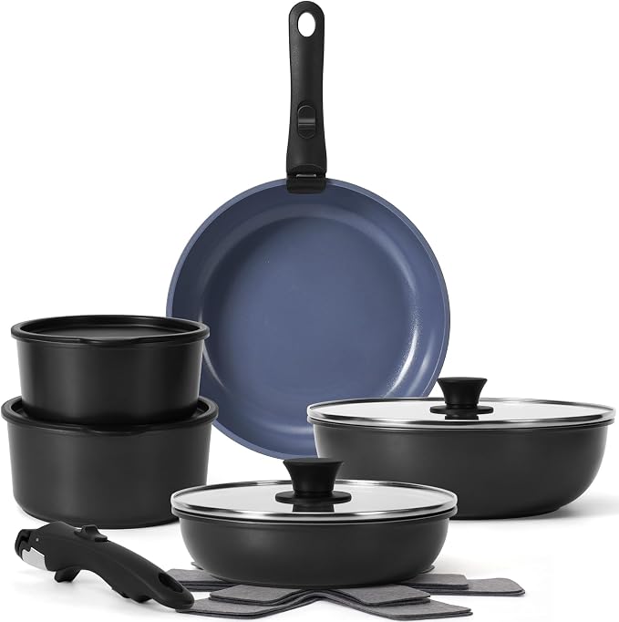 15 Pcs Pots and Pans Set Non Stick, Detachable Handle Ceramic Cookware Sets by SODAY