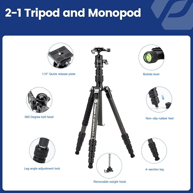 Fotopro 59" Carbon Fiber Travel Tripod, Lightweight Compact Camera Tripod - Image 6