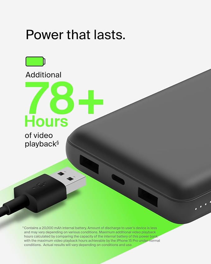 Belkin Portable Charger, USB-C Power Bank 20000 mAh w/ 2 USB-A Ports, 15W w/ - Image 6