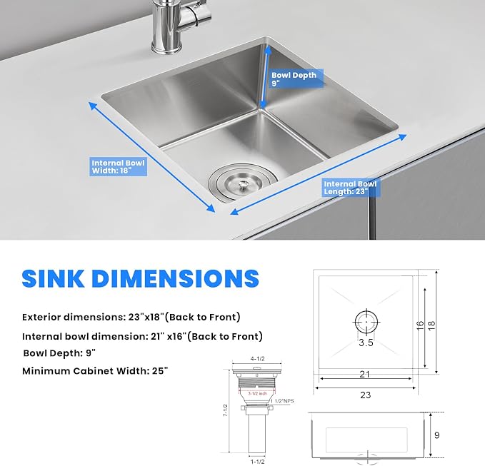 POPFLY 23 Inch Undermount Kitchen Sink, Single Bowl 18 Gauge 304 Stainless - Image 7