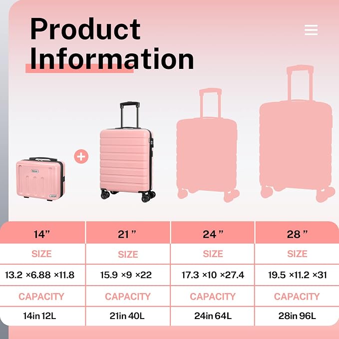 AnyZip 21" Carry On Luggage and 14" Mini Cosmetic Cases Luggage Set Hardside PC - Image 2