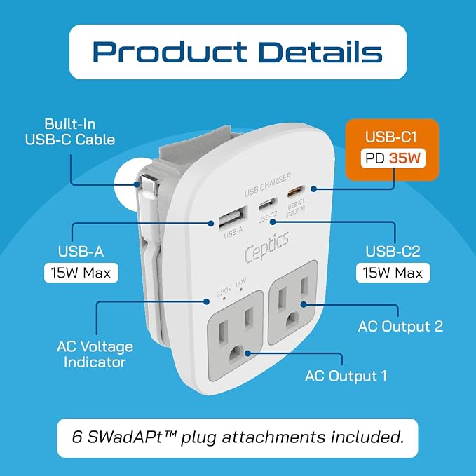 Ceptics Universal Travel Adapter Kit – 2 USA sockets, 1x PD 35W USB-C and USBC - Image 3