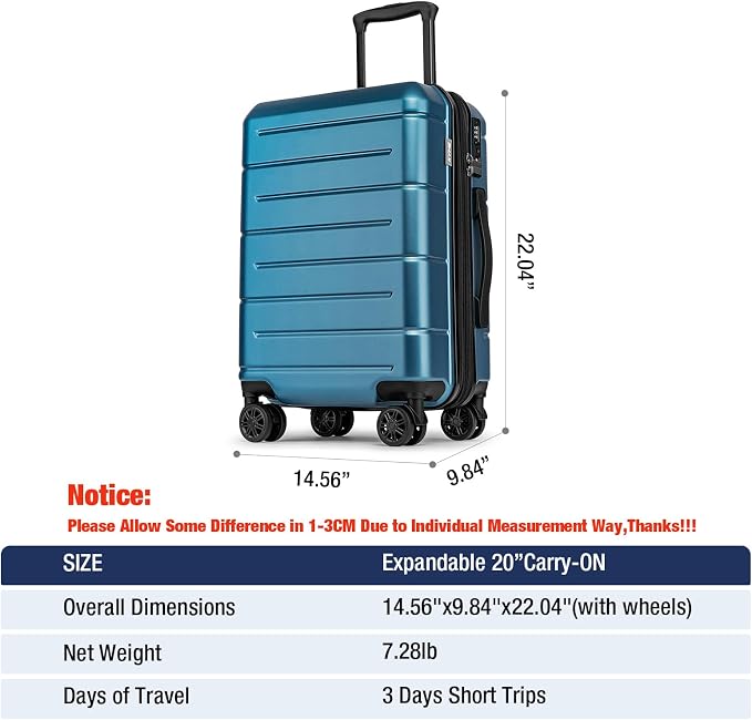 KYME Hardside Expandable Carry On Luggage 22x14x9 Airline Approved 20 Inch - Image 8