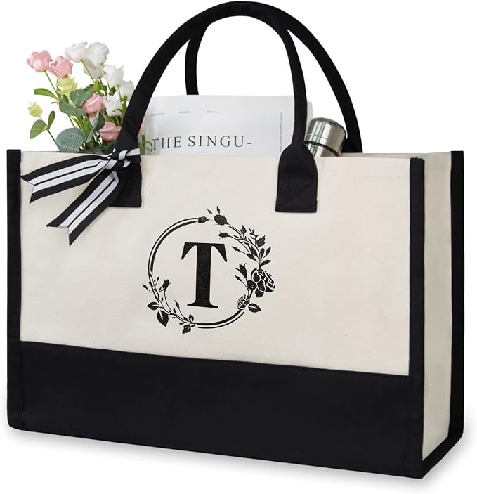 TOPDesign Personalized Initial Jute/Canvas Beach Bag, Monogrammed Gift Tote Bag by TOPDesign