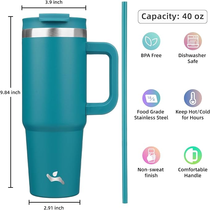 40 oz Tumbler with Handle and 2 Straws, 2 in 1 Lid Insulated Water Bottle - Image 4