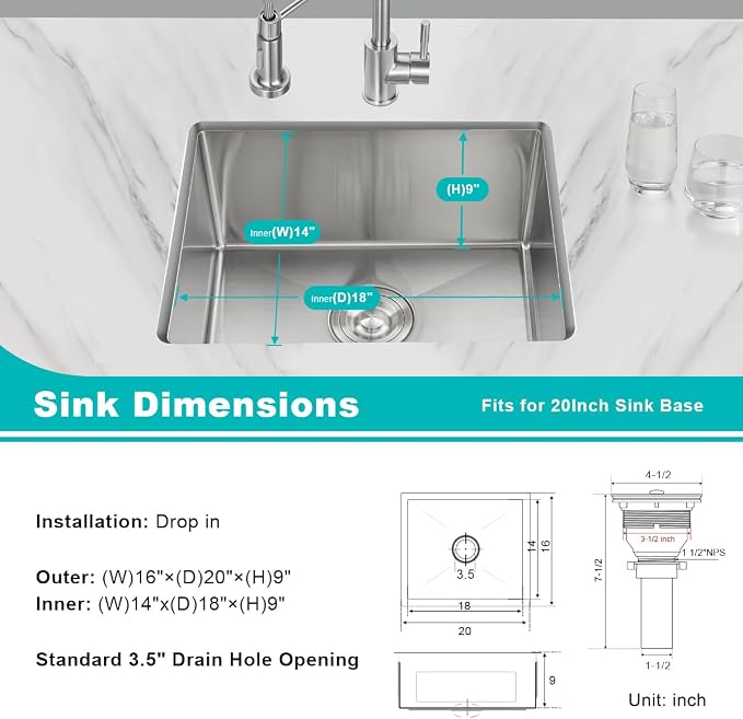 20 x 16 Inch Undermount Kitchen Sink, 304 Stainless Steel Single Bowl Small - Image 3