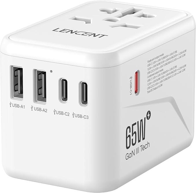 LENCENT Universal Travel Adapter, GaN III 65W International Charger by LENCENT