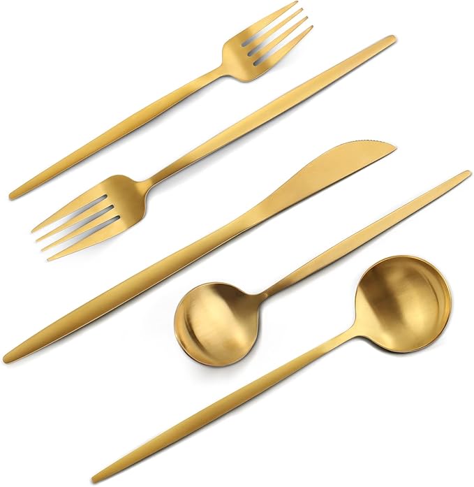 Matte Gold Silverware Set, VANVRO 20-Piece Stainless Steel Flatware Set by VANVRO