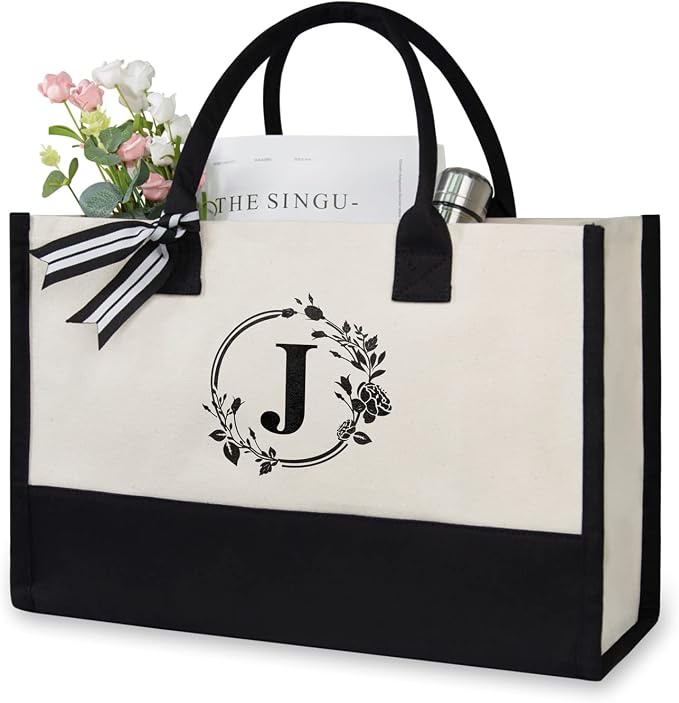 TOPDesign Personalized Initial Jute/Canvas Beach Bag, Monogrammed Gift Tote Bag by TOPDesign