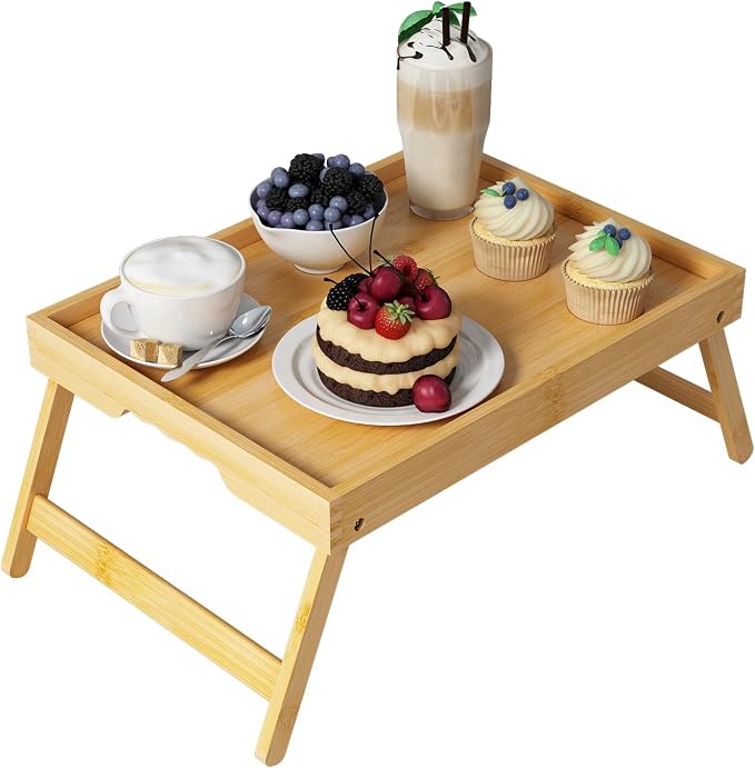 Bed Tray Table with Folding Legs, Bamboo Breakfast in Bed by Unknown