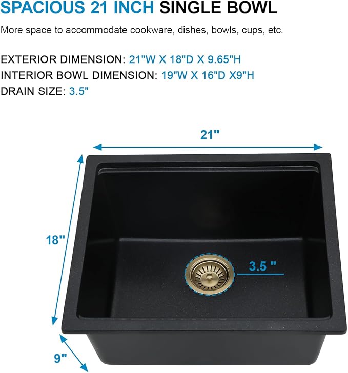 21 Black Granite Composite Bar Sink 18x18 Single Bowl Not Easily Stained - Image 6