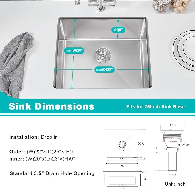 25 x 22 Inch Undermount Kitchen Sink, 18 Gauge 304 Stainless Steel Handmade - Image 3