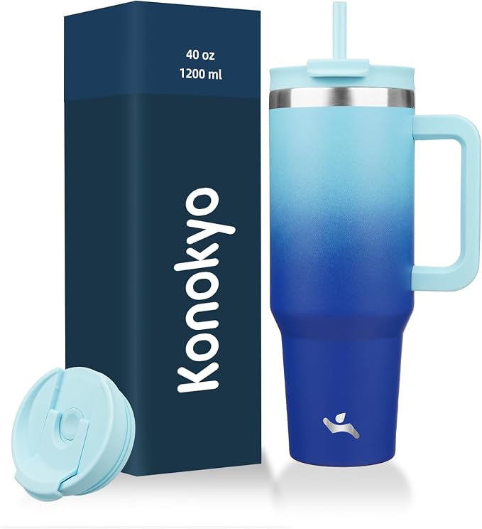 40 oz Tumbler with Handle and 2 Straws, 2 in 1 Lid Insulated Water Bottle by Konokyo