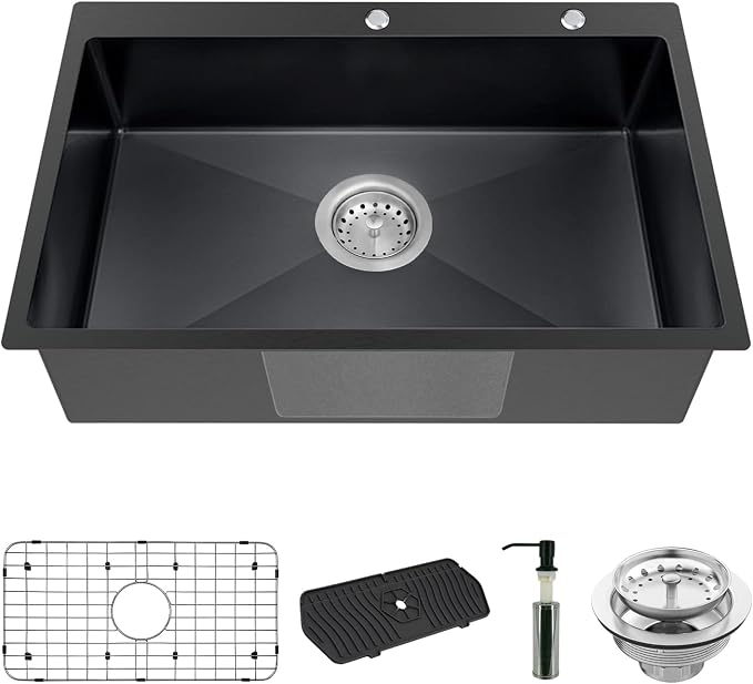 Black Kitchen Sink, Stainless Steel Drop In 33x22x9 Inch Single Bowl Topmount by Koardink