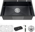Black Kitchen Sink, Stainless Steel Drop In 33x22x9 Inch Single Bowl Topmount by Koardink