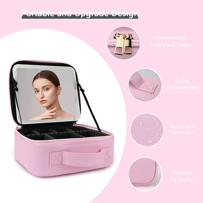 Makeup Bag with Led Mirror, Travel Makeup Organizer with 3 Color Setting & 10X - Image 2
