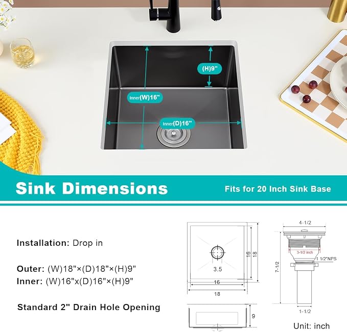 Black 18 inch Undermount Kitchen Sink - Image 3