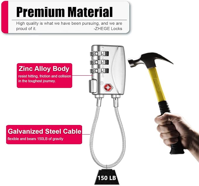 ZHEGE TSA Lock for Luggage 3 Digit Combination Cable Lock - Image 4
