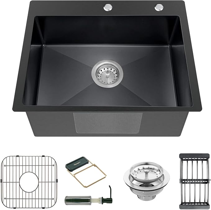 Black Kitchen Sink, Stainless Steel Topmount Bar Sink 22x18x9 Inch Single Bowl by Koardink