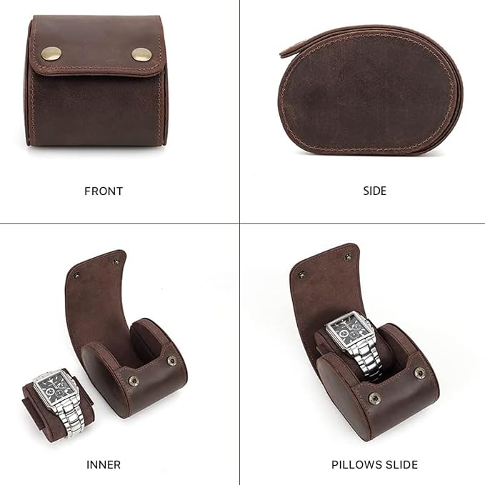 Leather Single Watch Case, Genuine Leather Vintage Watch Roll Travel Case - Image 3
