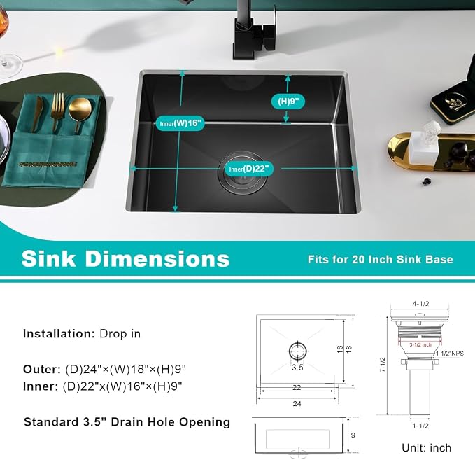 24x18 Inch Undermount Kitchen Sink Nano Black, 18 Gauge Stainless Steel Single - Image 3