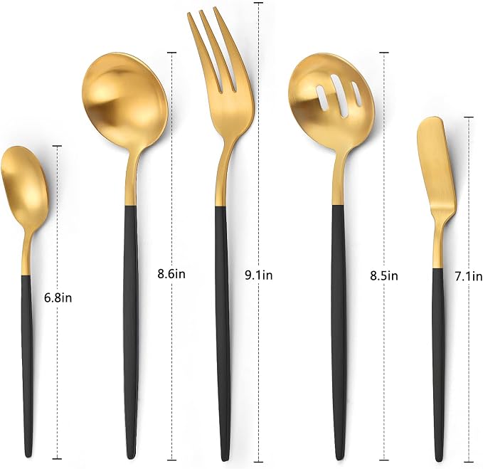 Matte Black Gold Serving Silverware Set, 5-Piece Round Shared Utensils Set of - Image 2