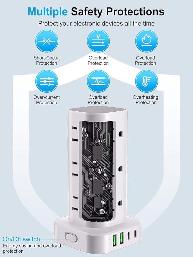 Power Strip Tower with Wireless Charger, Flat Plug Surge Protector Tower with - Image 8