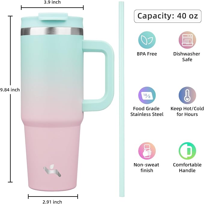 40 oz Tumbler with Handle and 2 Straws, 2 in 1 Lid Insulated Water Bottle - Image 4