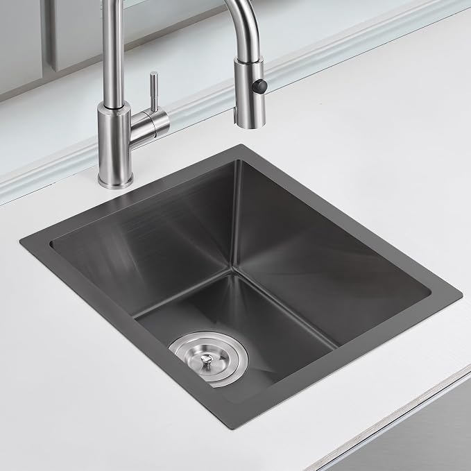POPFLY 15×17 Inch Black Bar Sink, 304 Stainless Steel Single Bowl 8 Inch Deep - Image 2