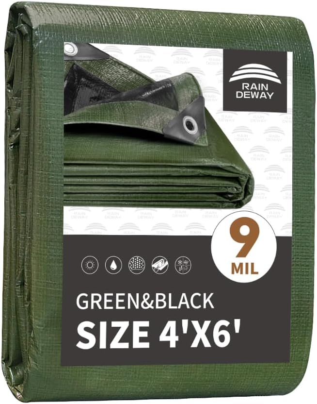 4x6 Feet Tarp Waterproof, Small Tarp, 9Mil Thick, Finished Size Tarps, UV by RAINDEWAY