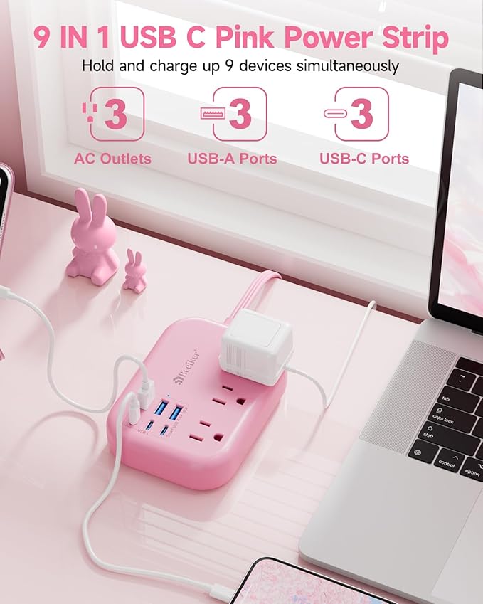 6 USB Pink Power Strip- 5Ft Pink Extension Cord - Image 3